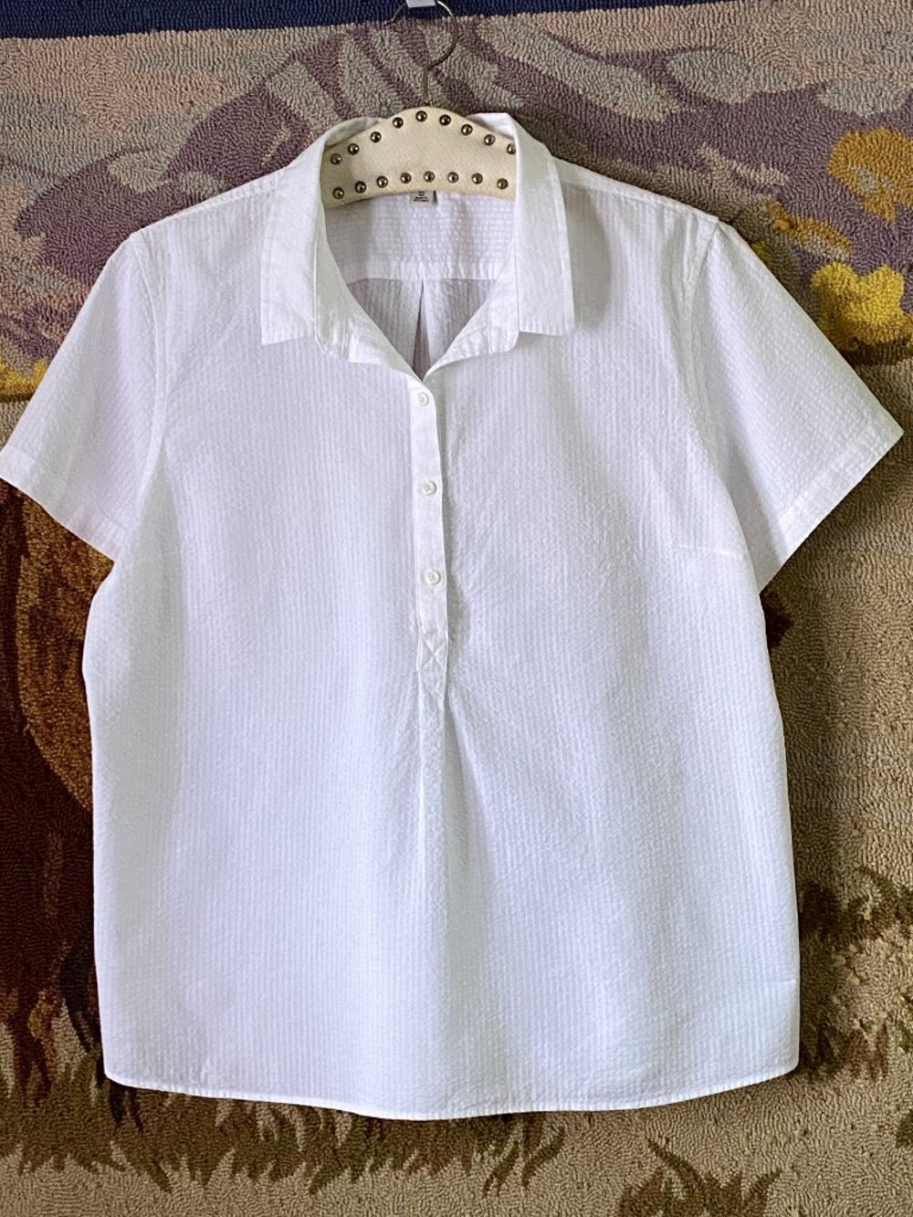 L.L. Bean White Sz XL Women's Seersucker Blouse Popover Short Sleeve